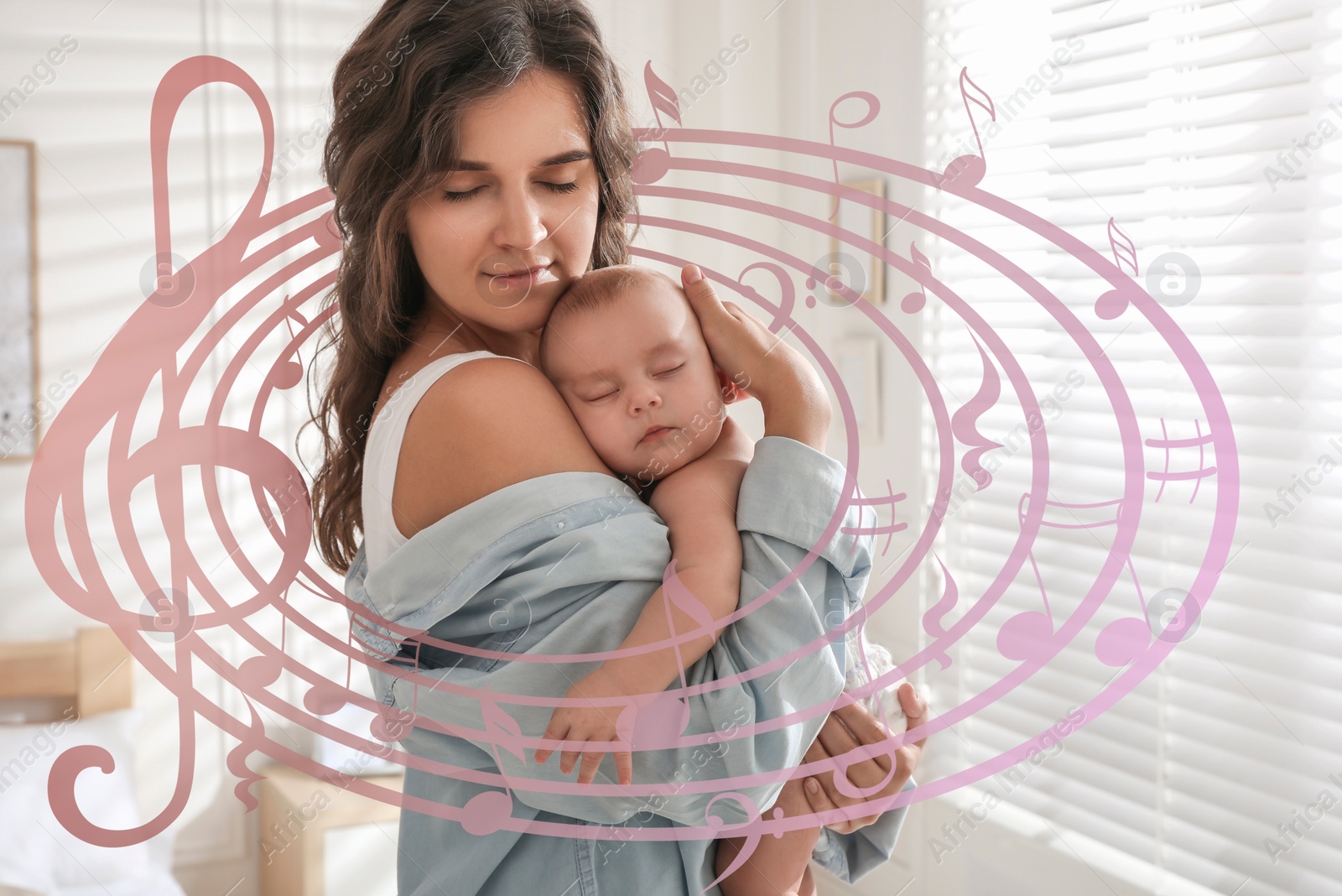 Image of Mother singing lullaby to her sleepy baby at home. Music notes illustrations flying around woman and child