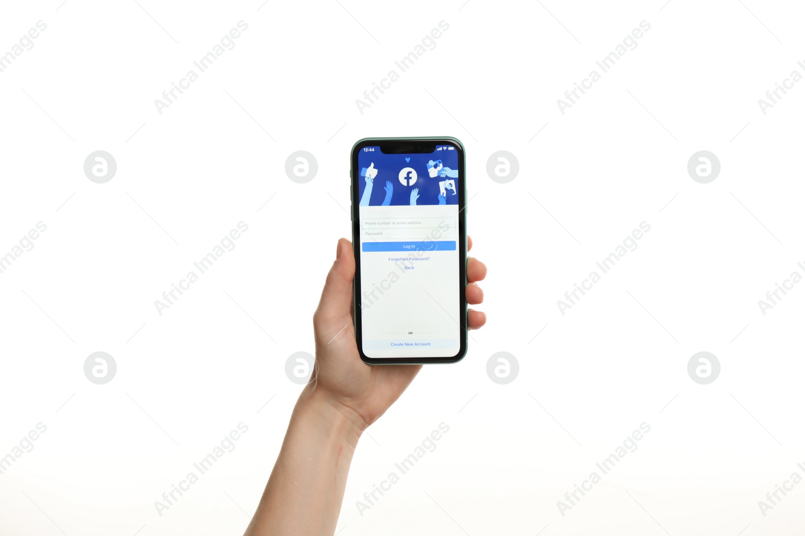 Photo of MYKOLAIV, UKRAINE - JULY 9, 2020: Woman holding  iPhone X with Facebook app on white background, closeup