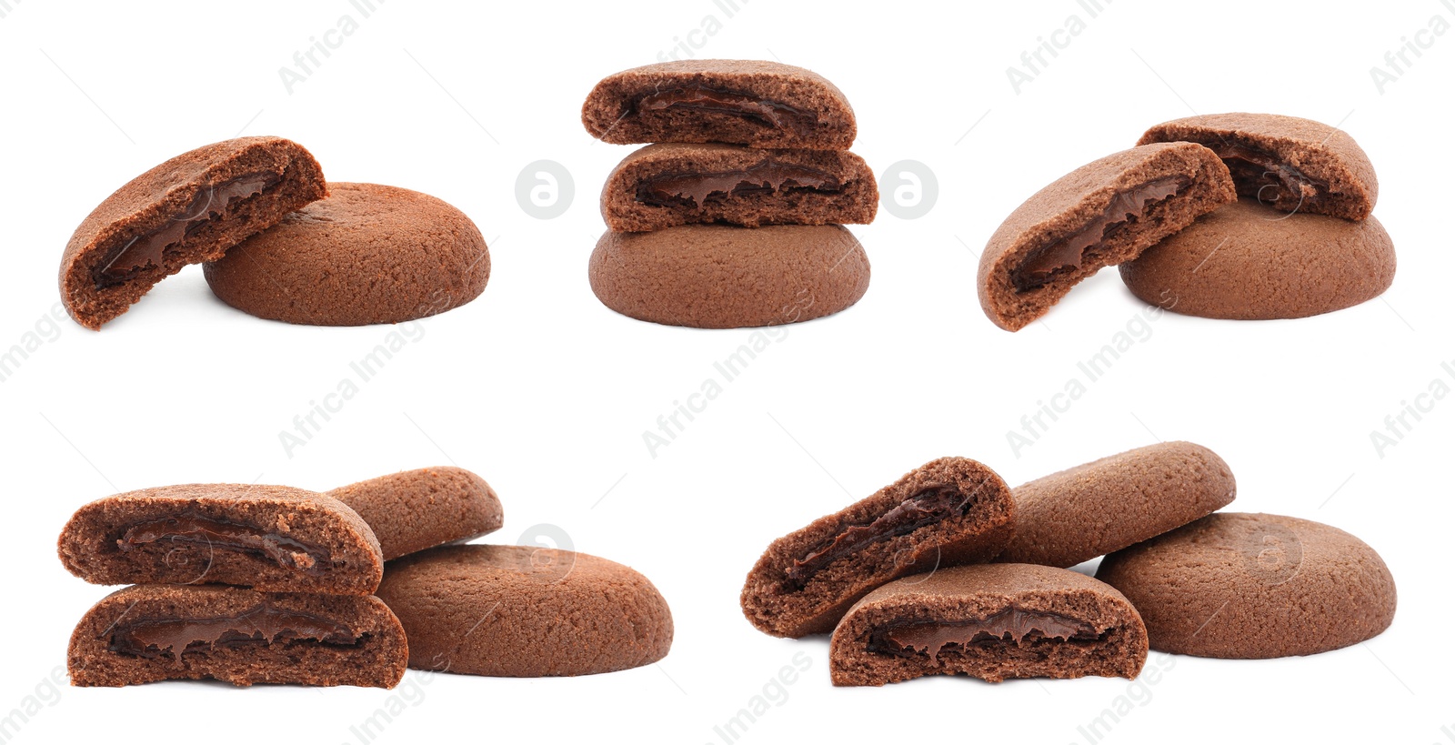 Image of Set of delicious chocolate cookies on white background