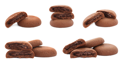Image of Set of delicious chocolate cookies on white background