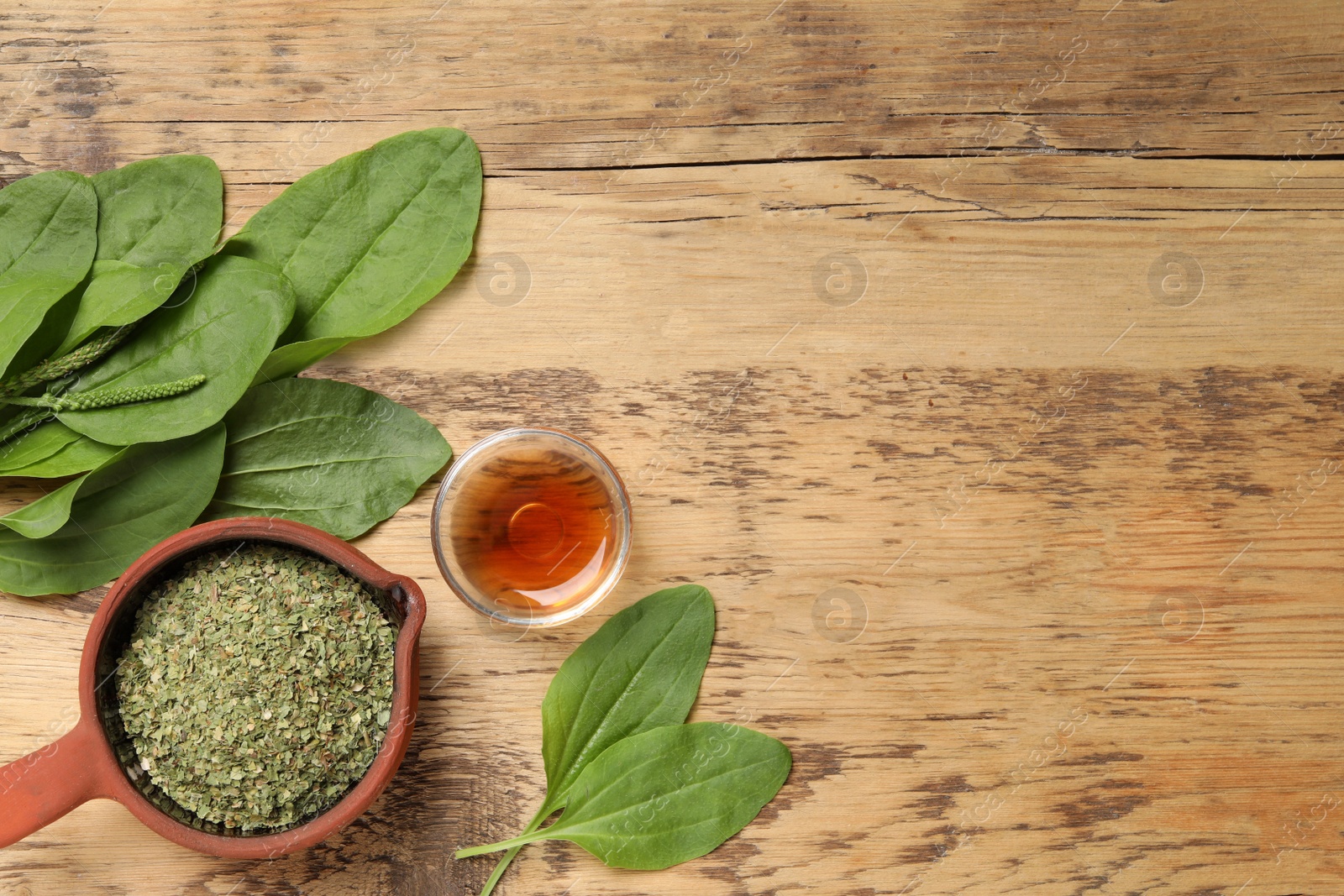 Photo of Flat lay composition with broadleaf plantain oil and dried leaves on wooden table, space for text