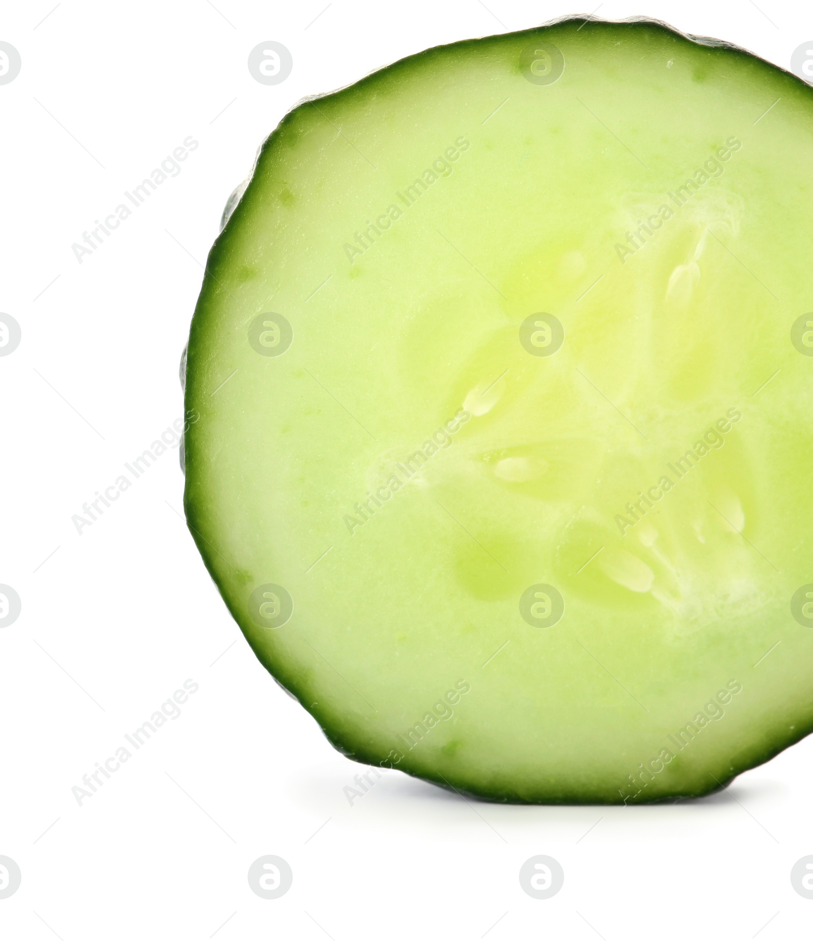 Photo of Slice of fresh cucumber on white background