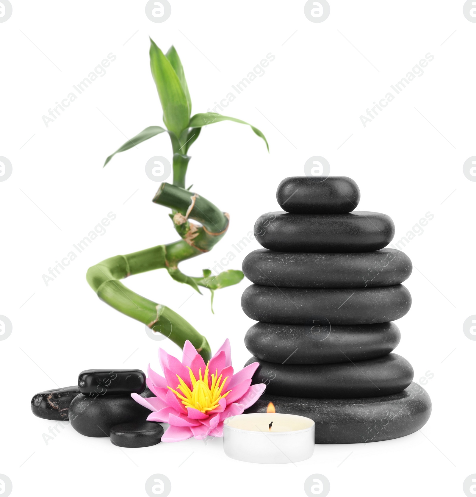 Photo of Composition with spa stones and bamboo on white background