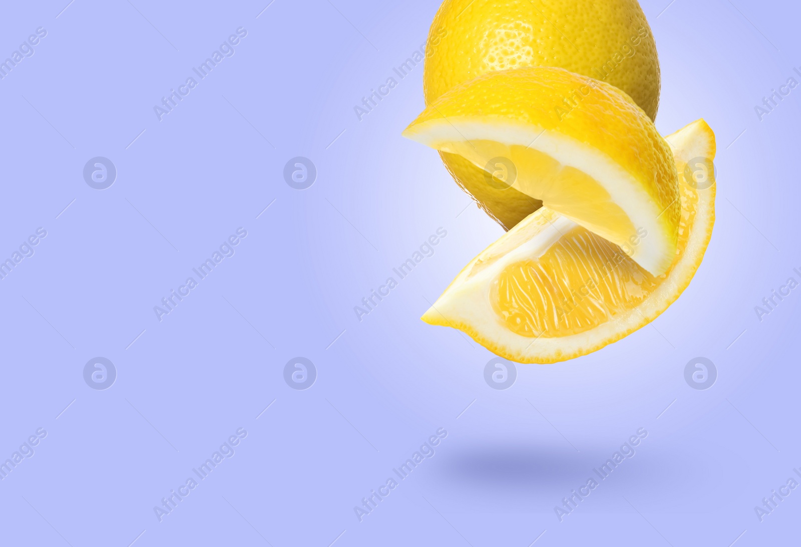 Image of Fresh lemons falling on pastel purple background, space for text