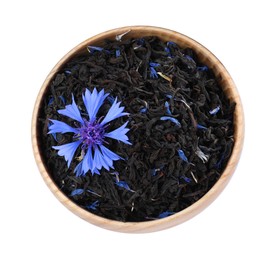 Photo of Dried cornflower tea and fresh flower on white background, top view
