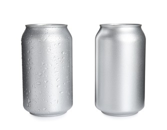 Photo of Aluminium cans of beverage on white background