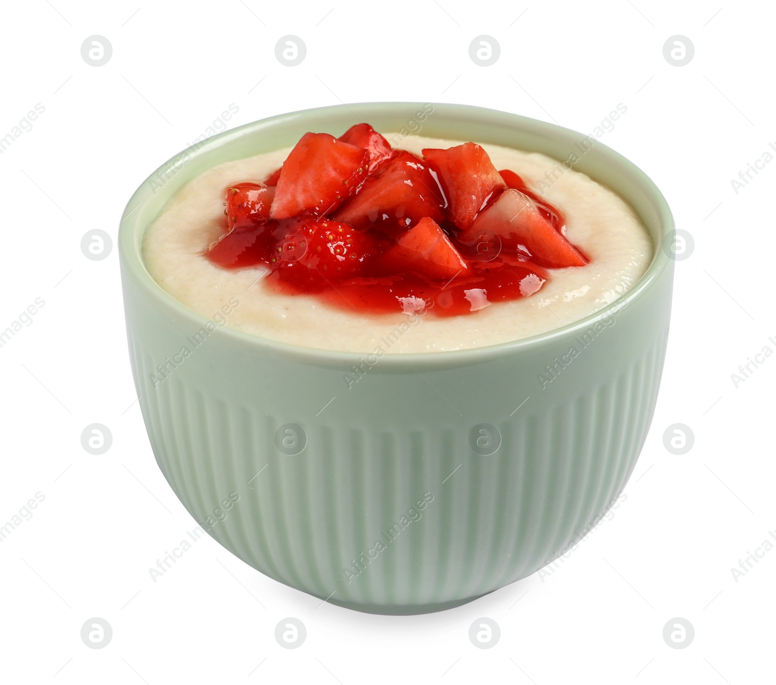 Photo of Delicious semolina pudding with strawberries and jam isolated on white