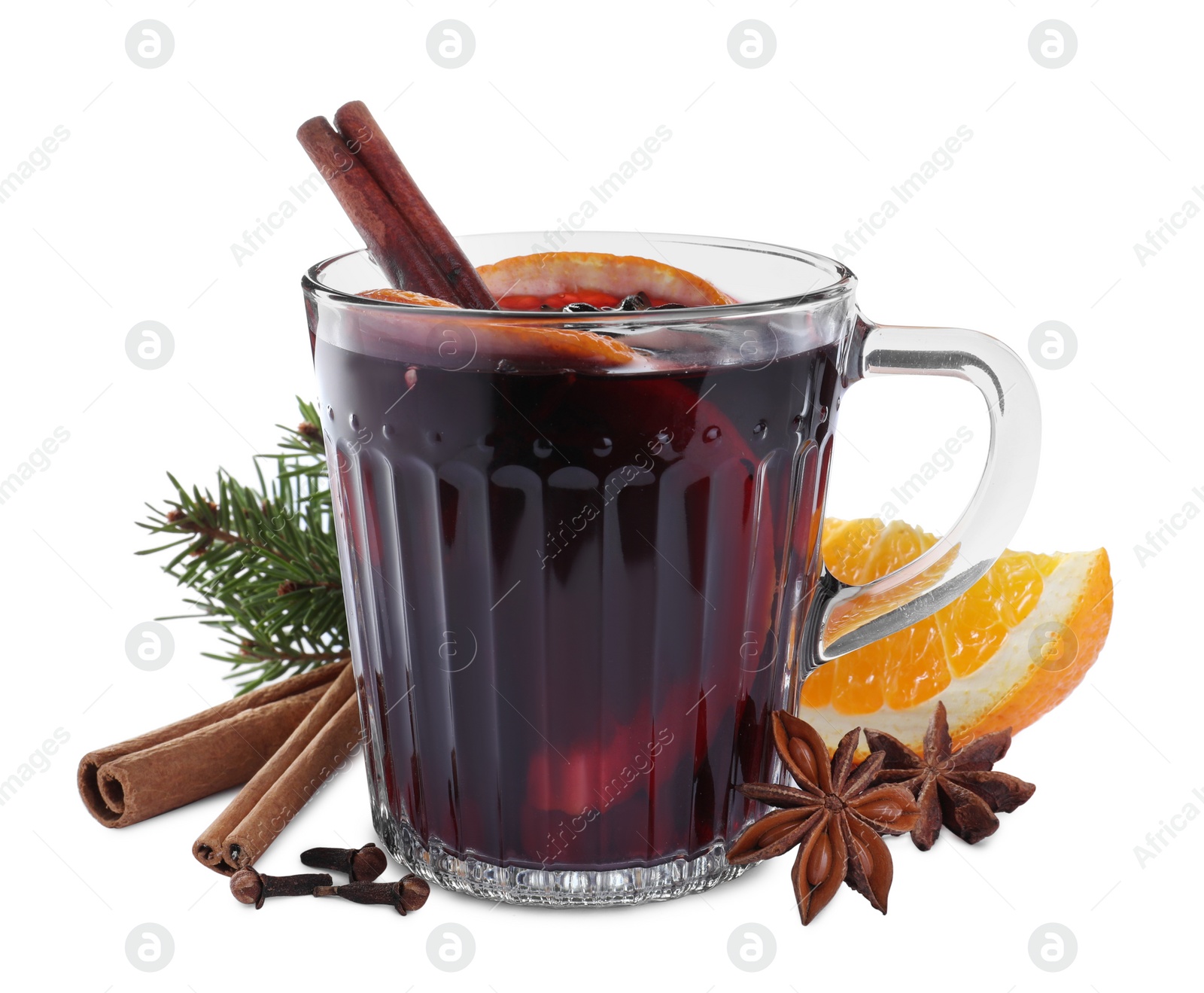 Photo of Aromatic mulled wine and ingredients on white background