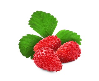 Image of Fresh ripe wild strawberries with green leaves isolated on white