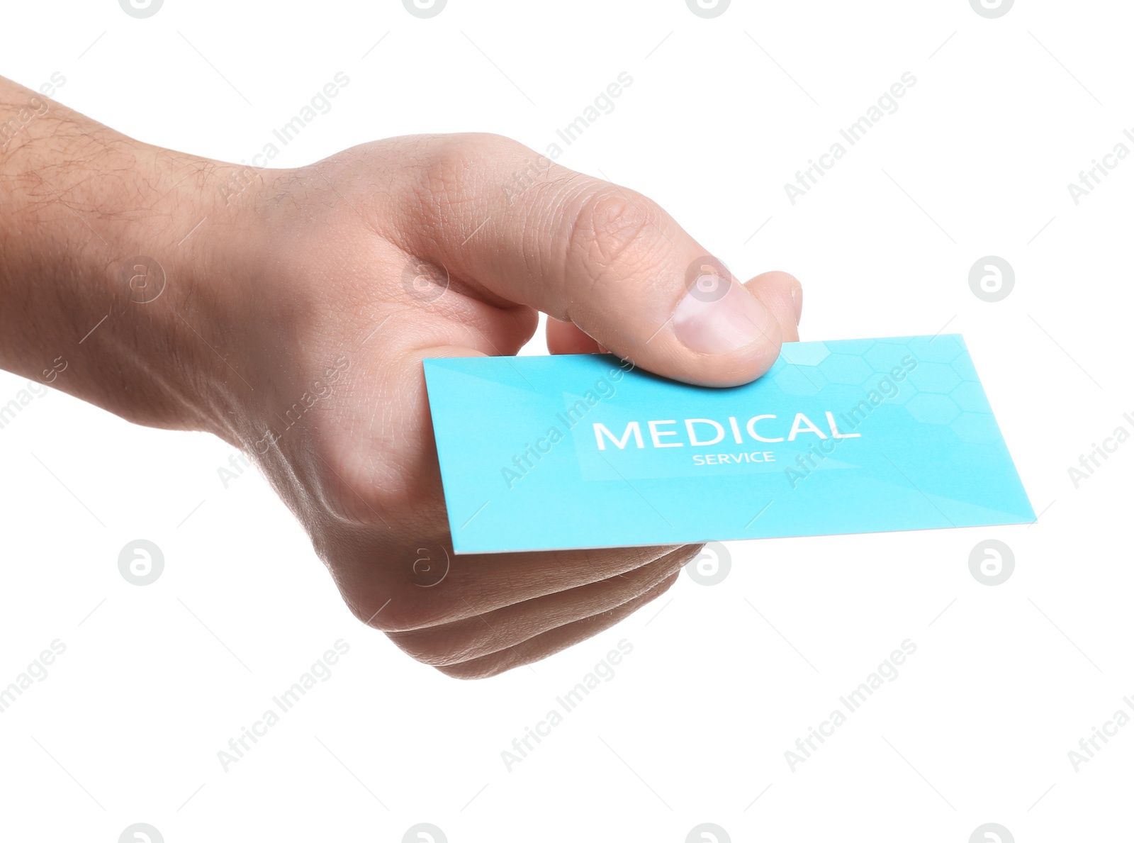 Photo of Man holding business card isolated on white, closeup. Medical service