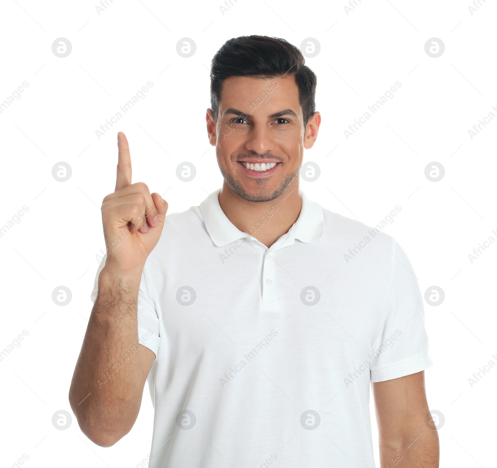 Photo of Man showing number one with his hand on white background