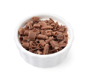 Photo of Bowl of tasty chocolate shavings isolated on white