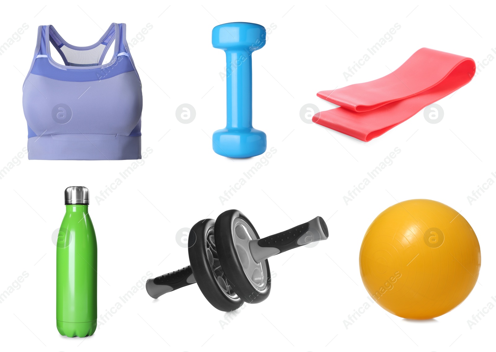 Image of Set with different fitness equipment on white background