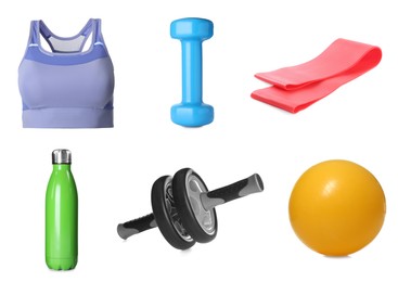 Set with different fitness equipment on white background