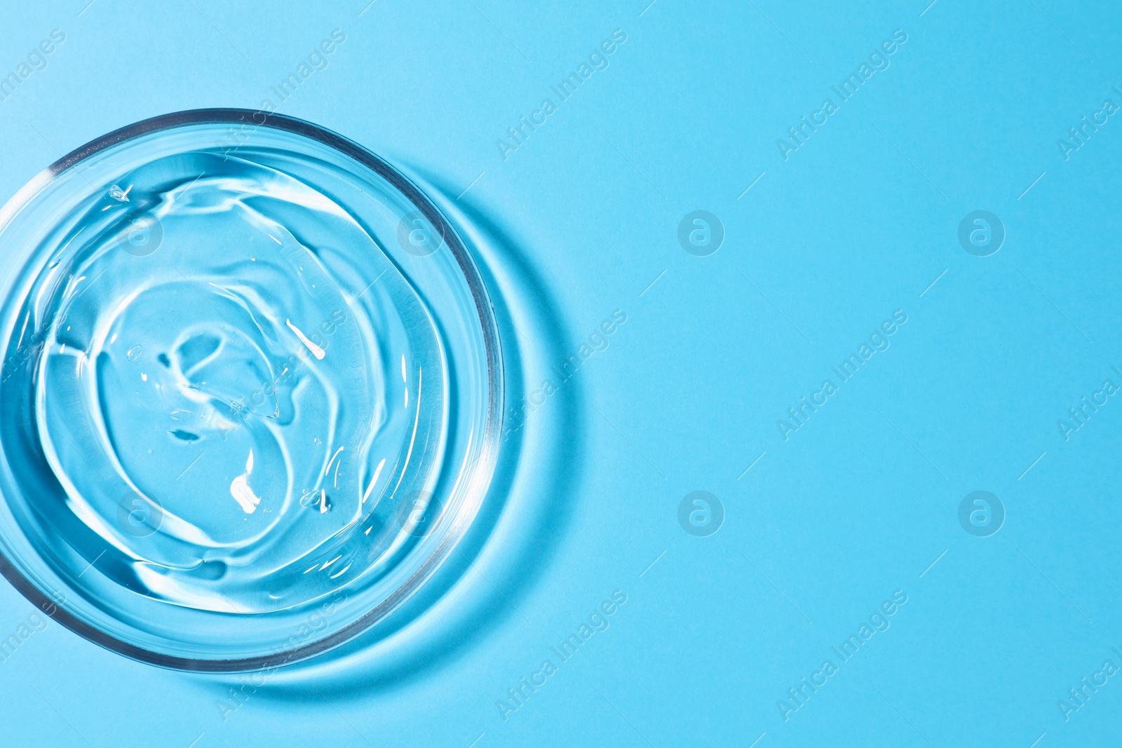 Photo of Petri dish with liquid on light blue background, top view. Space for text