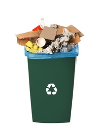 Trash bin with garbage on white background. Waste recycling