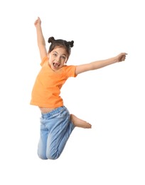 Photo of Cute little girl jumping on white background