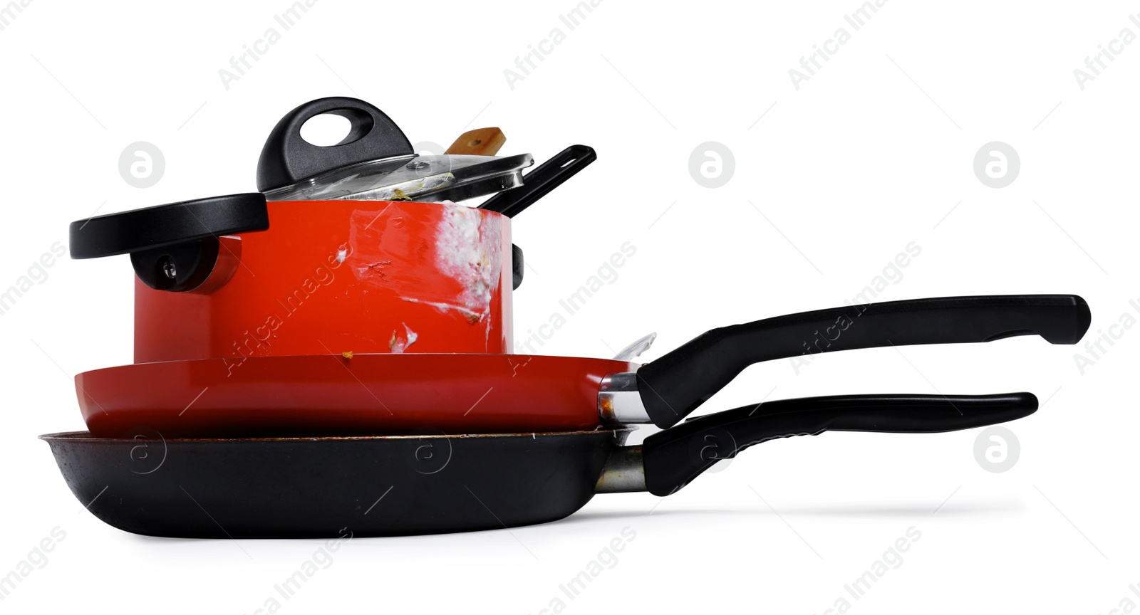 Photo of Stack of dirty kitchenware on white background