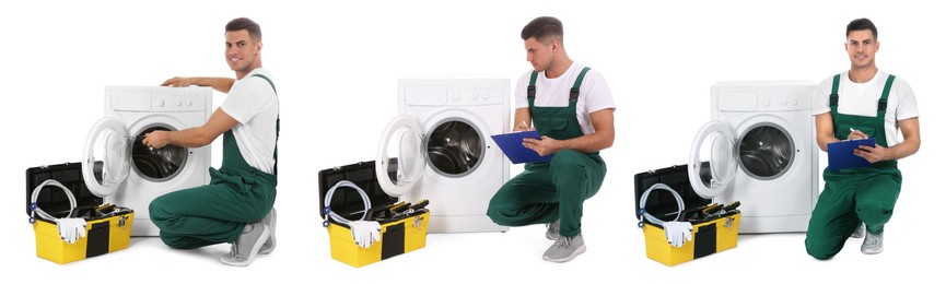 Image of Collage with photos of plumber repairing washing machine on white background. Banner design
