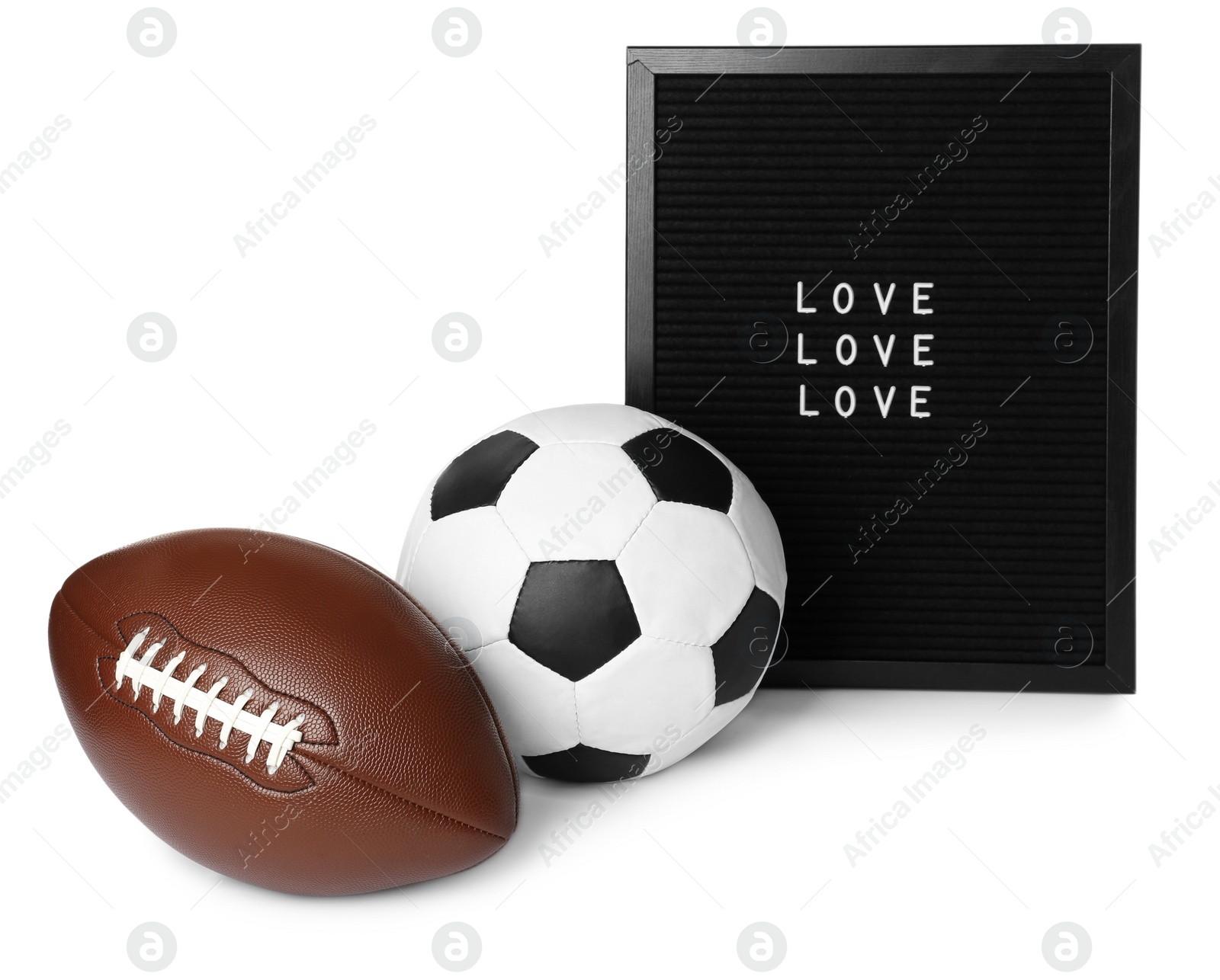 Photo of American football and soccer ball near letter board with words Love on white background