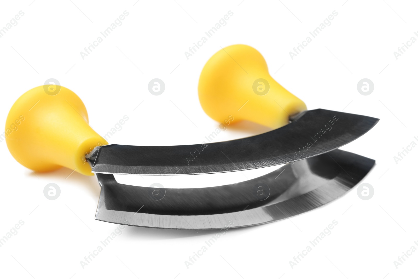 Photo of Mezzaluna knife with yellow handles isolated on white