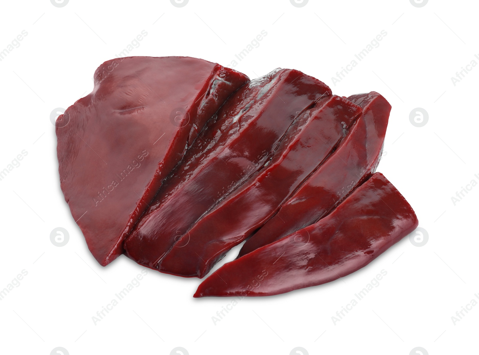 Photo of Cut raw beef liver isolated on white, top view