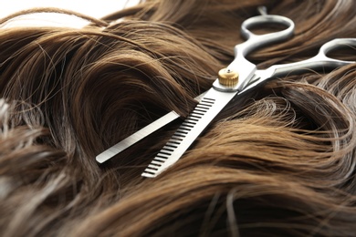 Photo of Thinning scissors on brown wavy hair, closeup. Hairdresser service