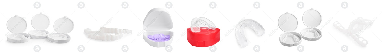 Image of Set with different mouth guards on white background, banner design. Bite correction treatment