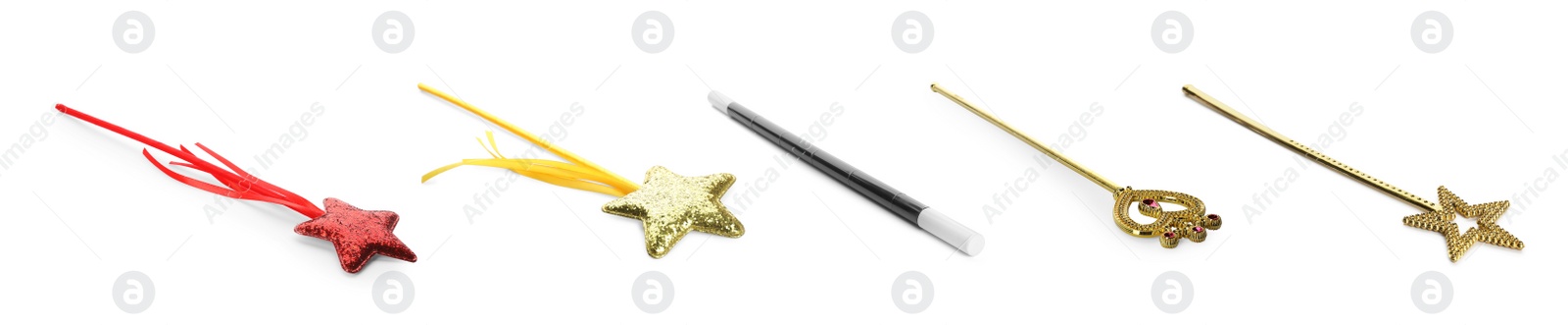 Image of Set with different beautiful magic wands on white background. Banner design