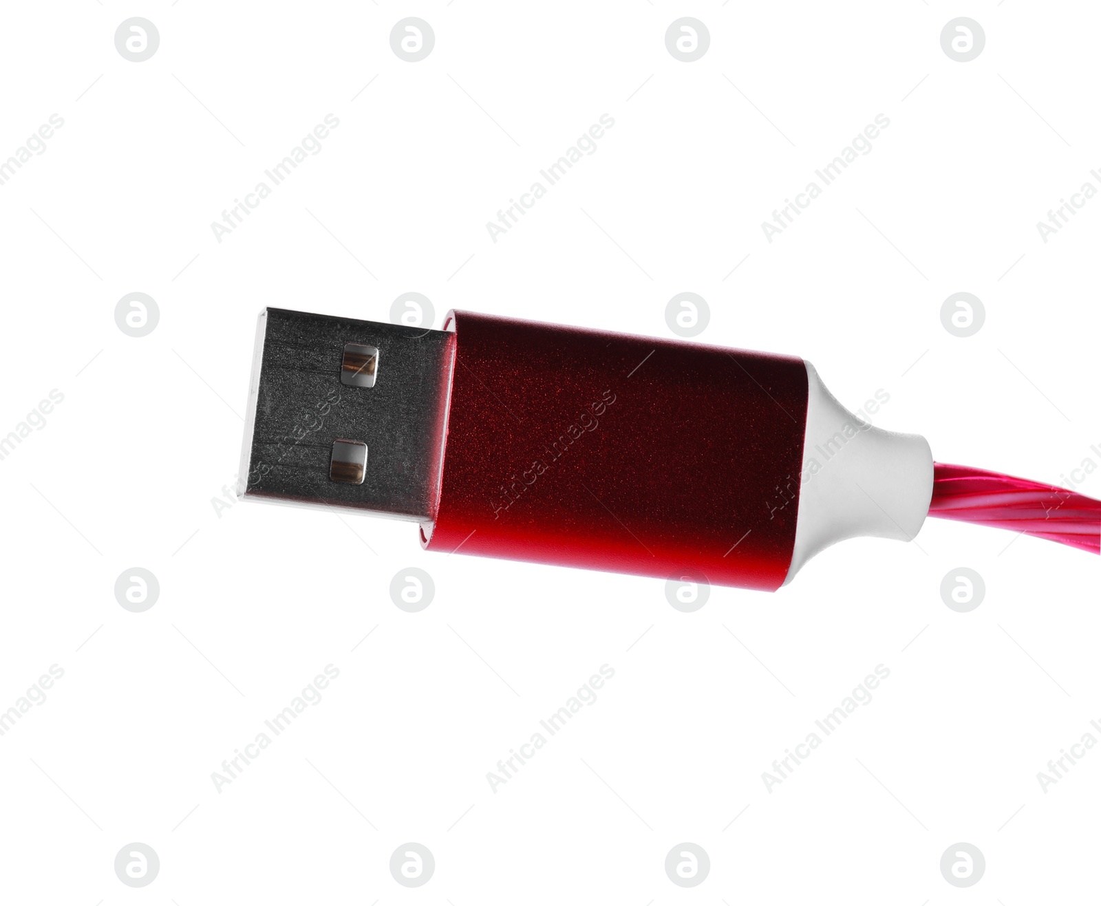 Photo of Red USB cable isolated on white. Modern technology