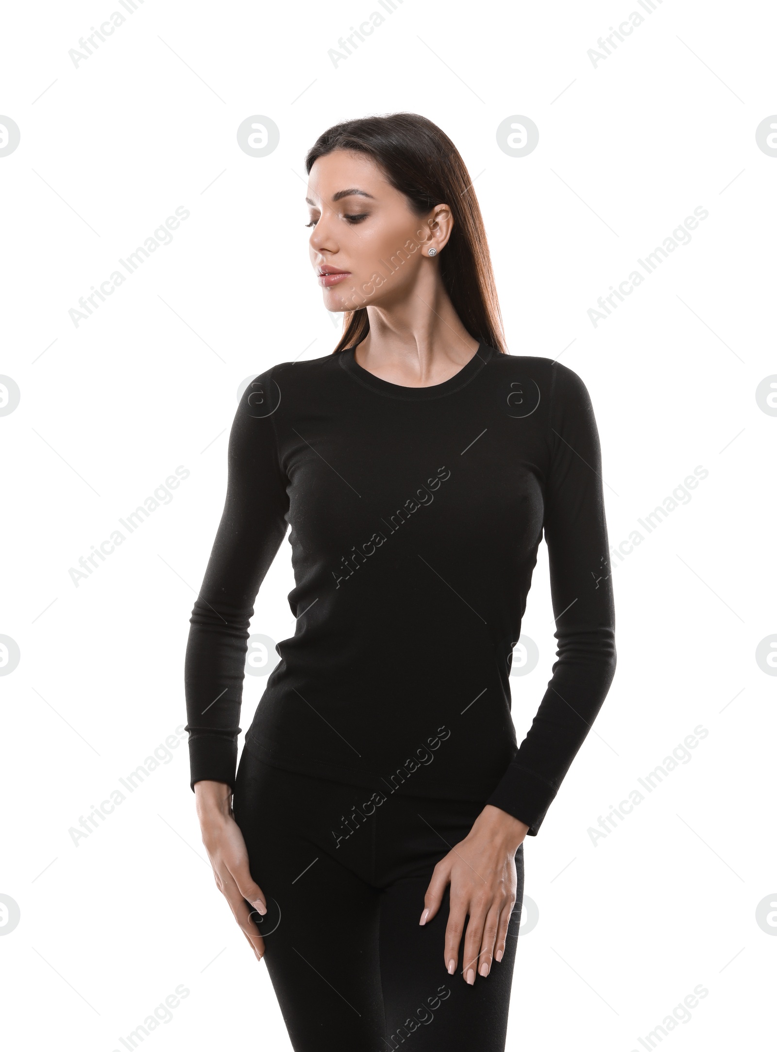 Photo of Woman wearing thermal underwear isolated on white