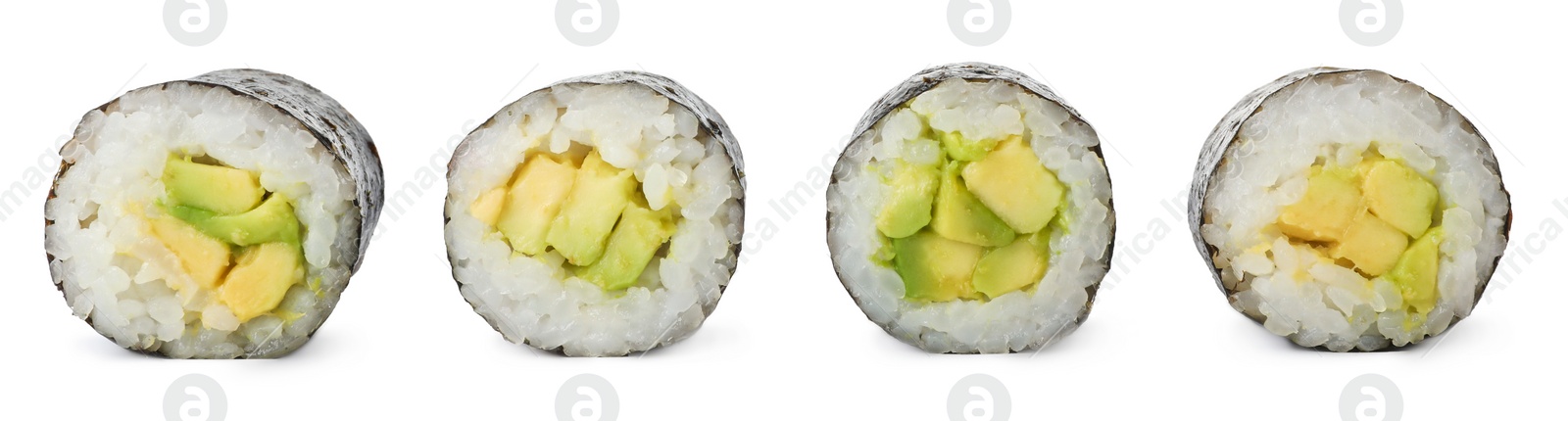 Image of Collage with delicious sushi rolls with avocado on white background