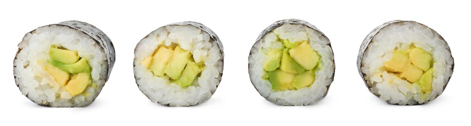 Image of Collage with delicious sushi rolls with avocado on white background