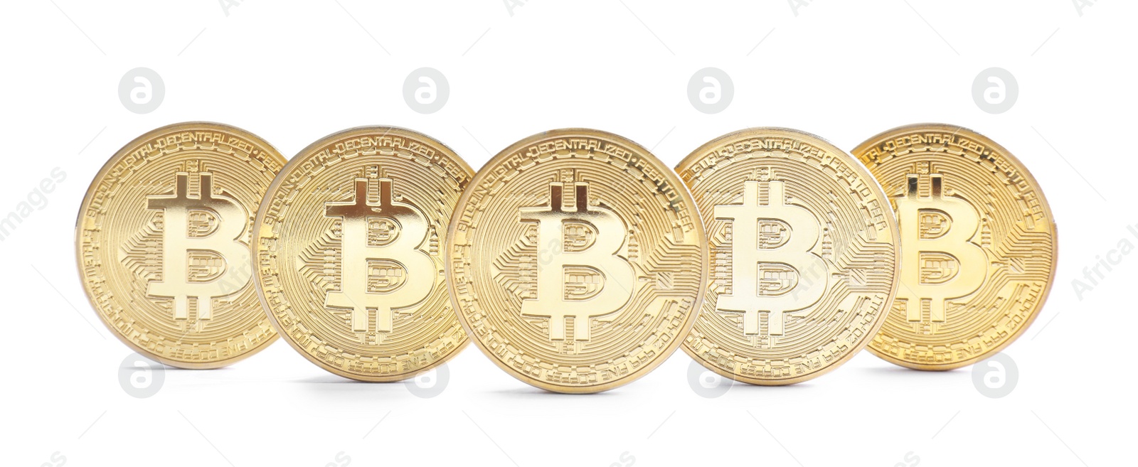 Photo of Row of bitcoins isolated on white. Digital currency