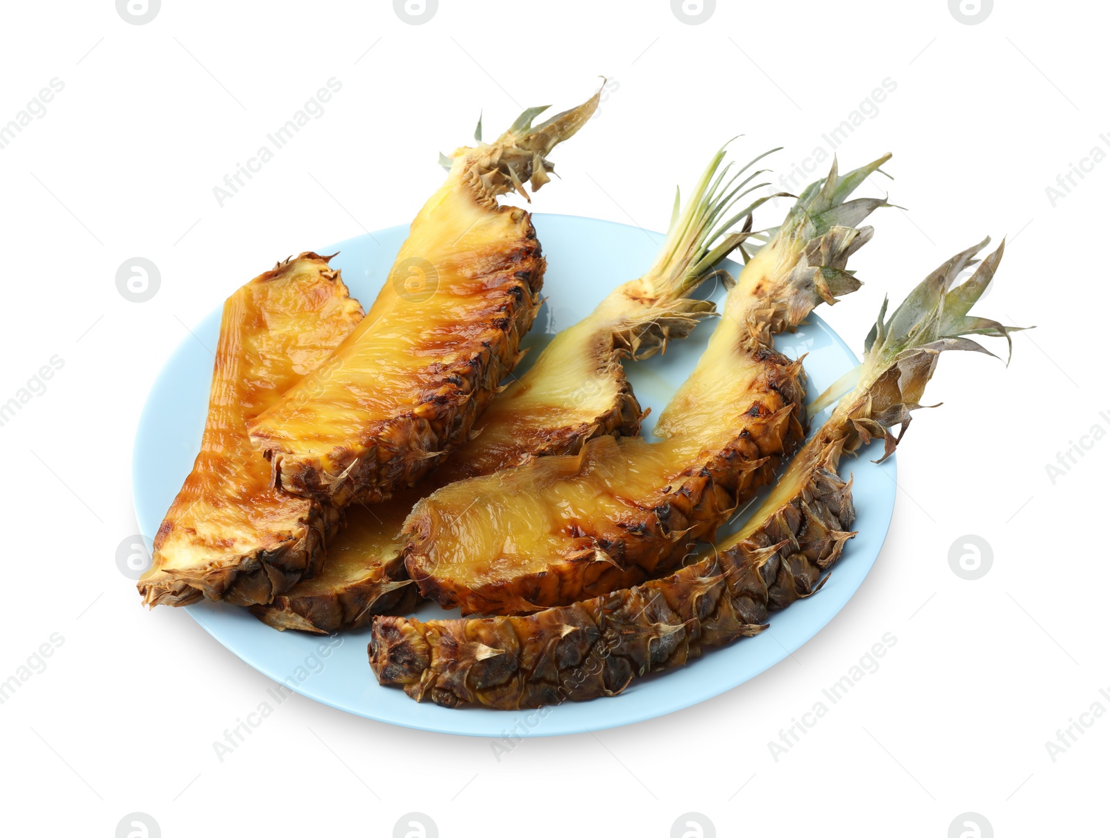 Photo of Many tasty grilled pineapples isolated on white