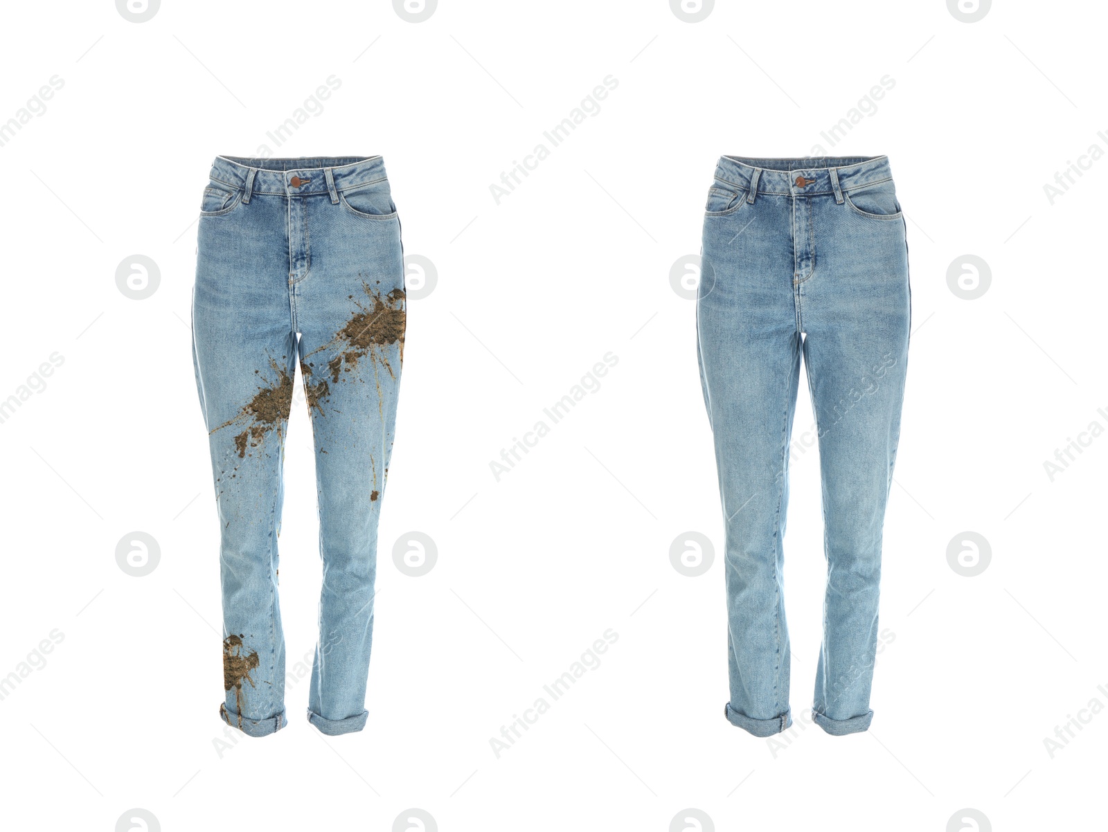 Image of Stylish jeans before and after washing on white background, collage. Dry-cleaning service