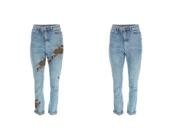 Image of Stylish jeans before and after washing on white background, collage. Dry-cleaning service