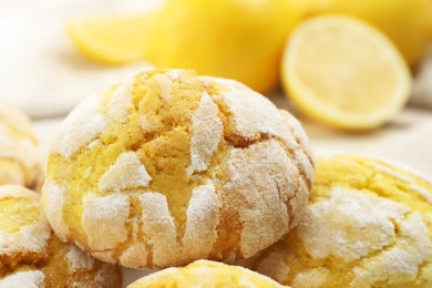 Photo of Tasty homemade lemon cookies on table, closeup