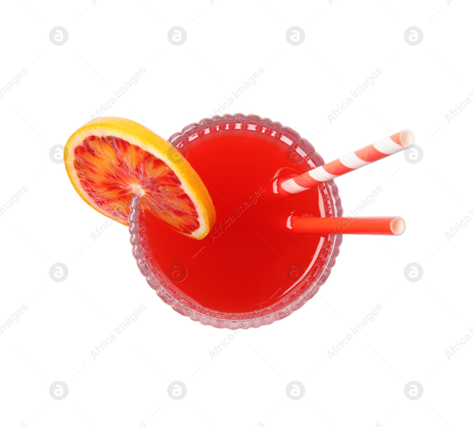 Photo of Tasty sicilian orange juice with straws in glass isolated on white, top view