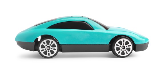 Photo of One turquoise car isolated on white. Children`s toy