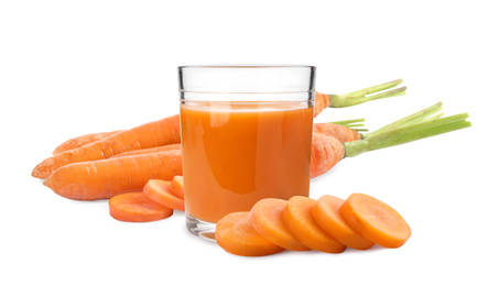 Carrot juice and fresh vegetables on white background, banner design