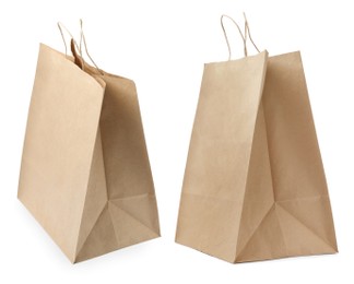 Paper shopping bags on white background, collage