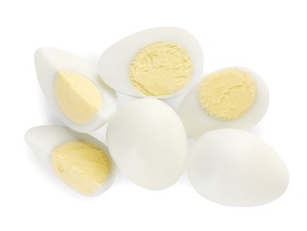 Photo of Peeled hard boiled quail eggs on white background, top view