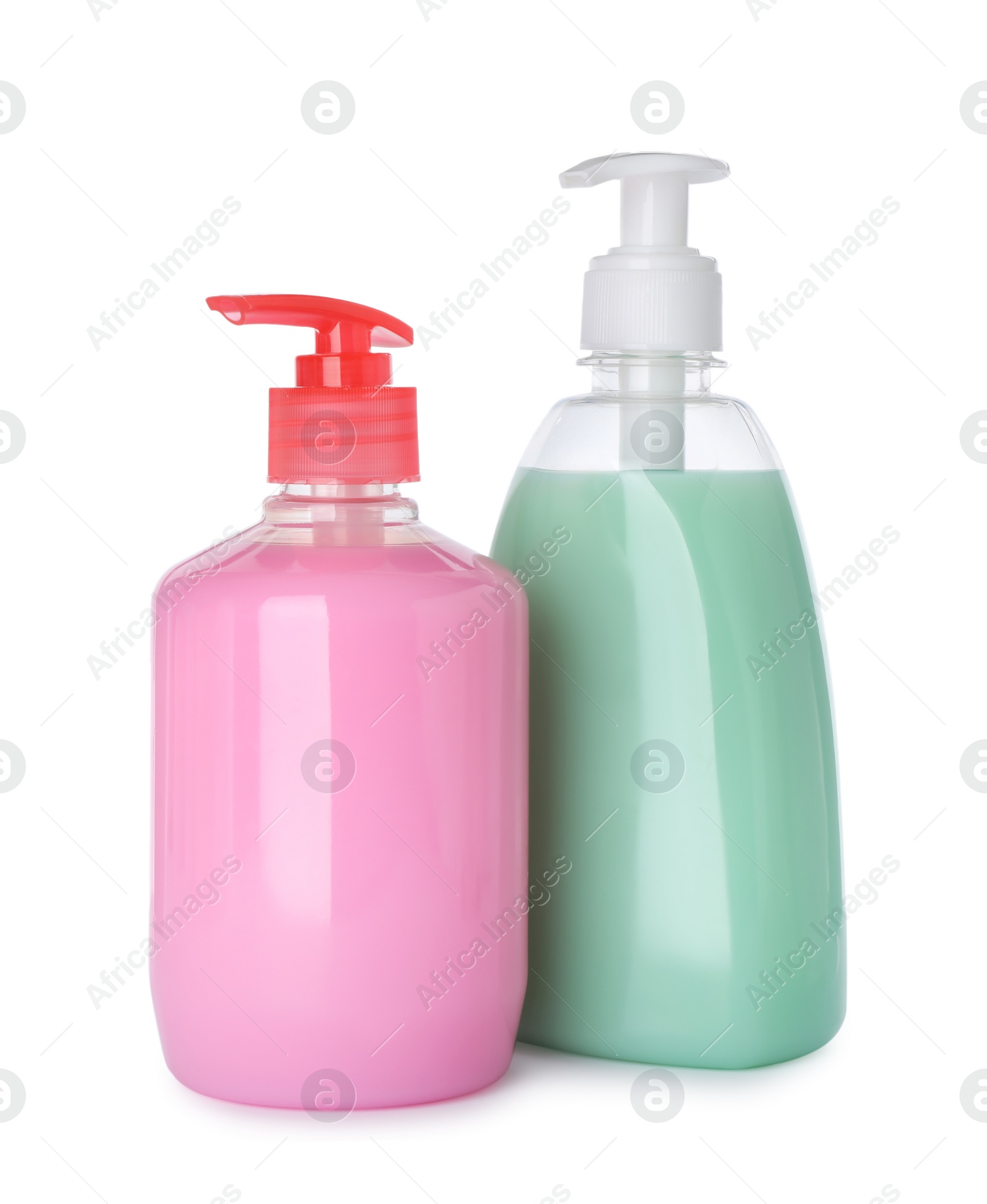 Photo of Dispensers of liquid soap on white background