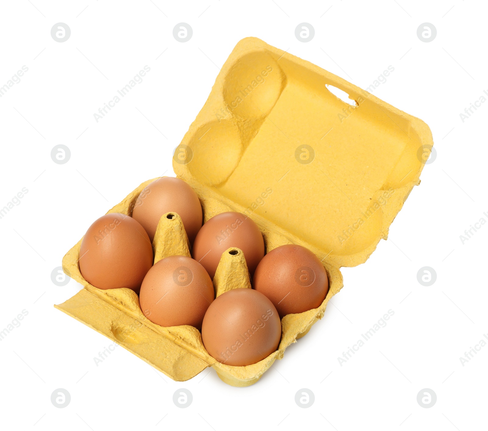 Photo of Chicken eggs in carton isolated on white