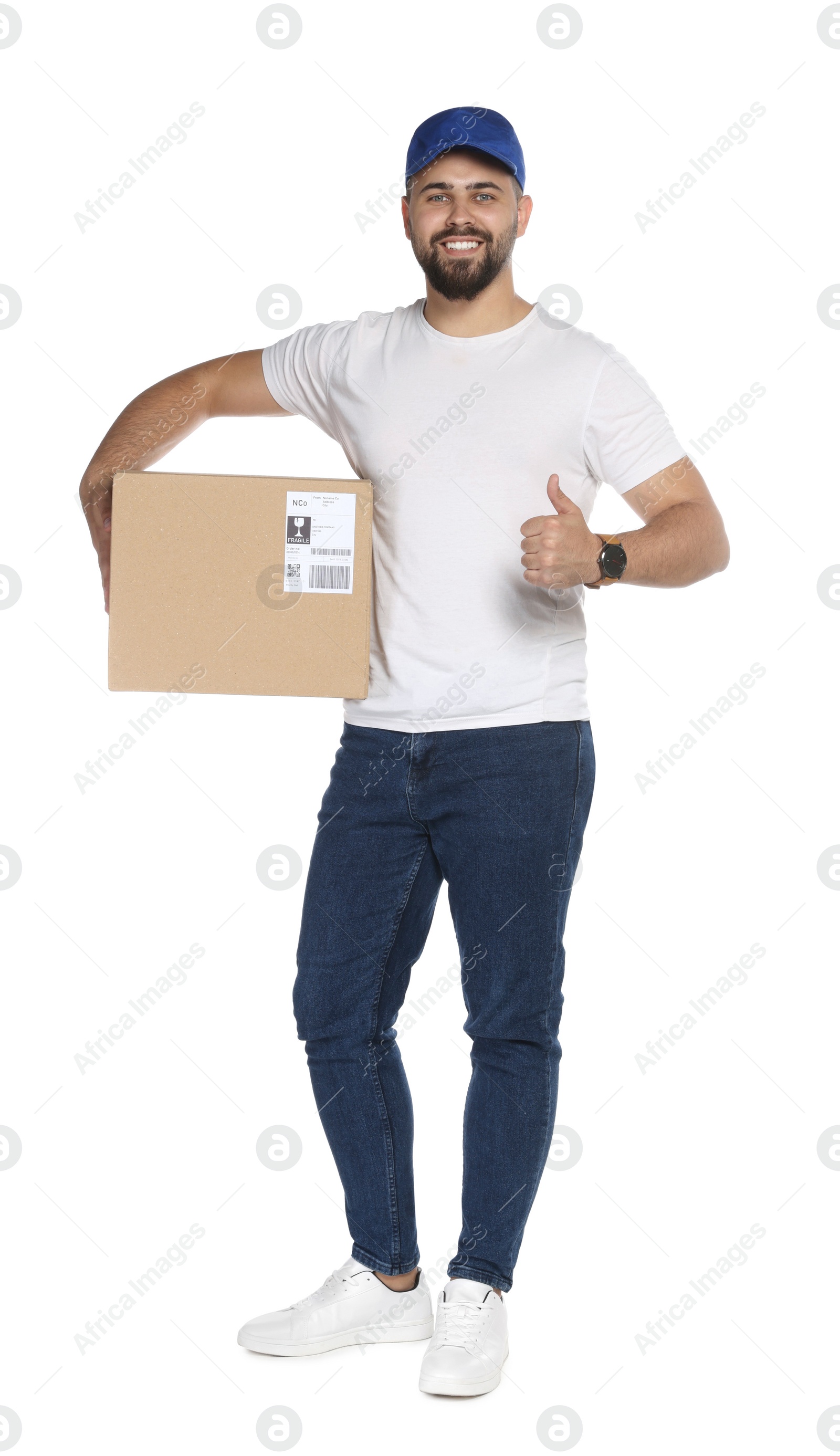 Photo of Happy young courier with cardboard box on white background