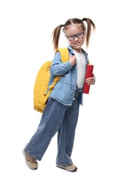 Photo of Cute little girl in glasses with book and backpack on white background