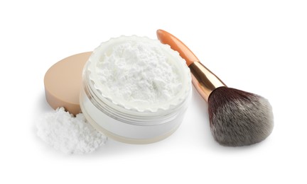 Photo of Rice face powder and brush isolated on white. Natural cosmetic