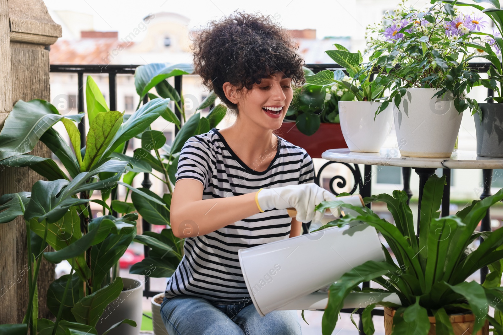 Photo of Happy young woman watering green potted houseplants on balcony