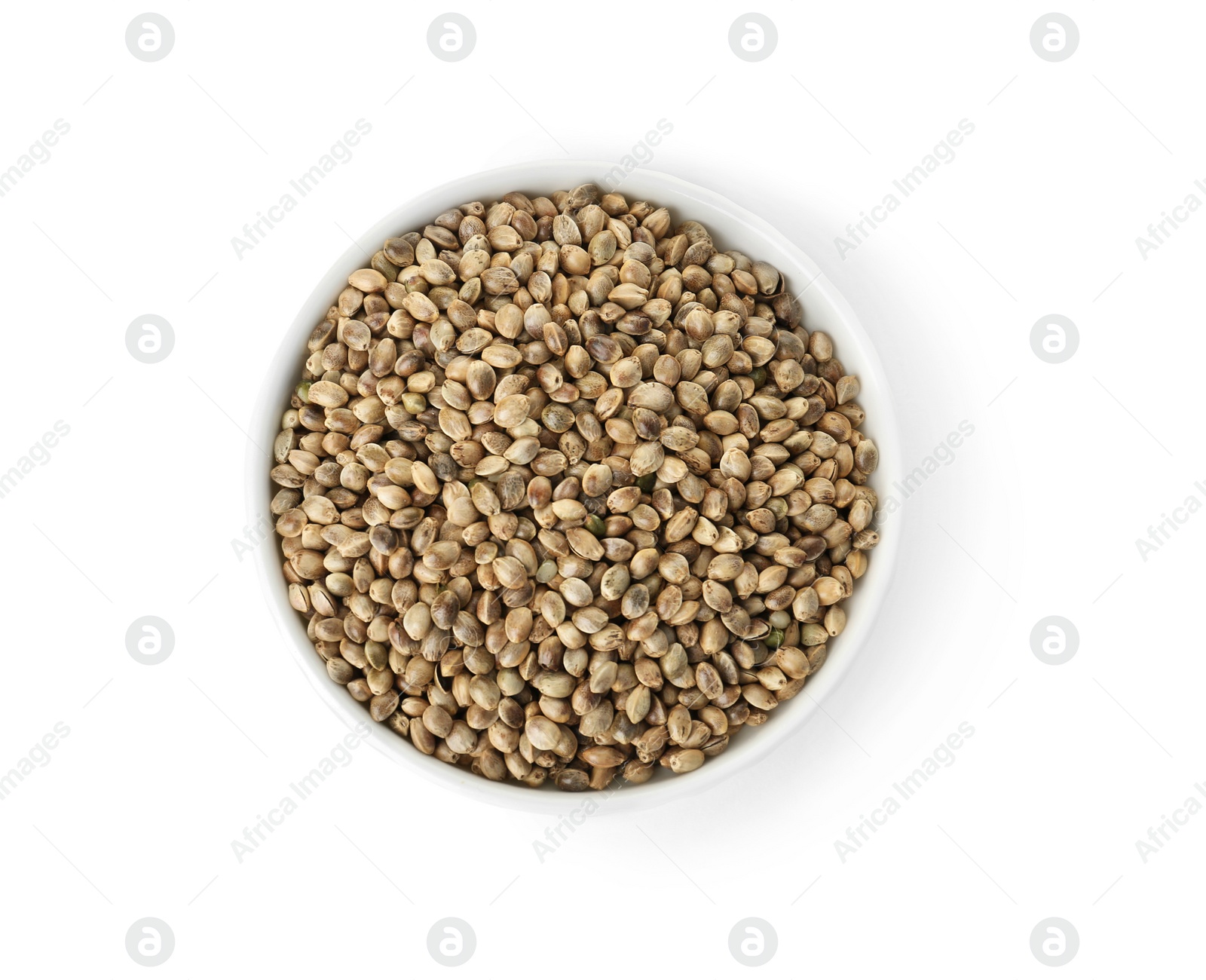 Photo of Bowl of hemp seeds on white background, top view